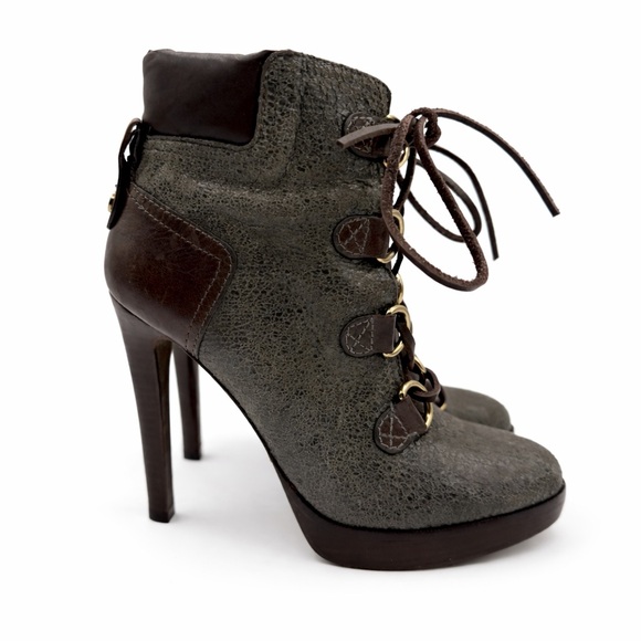 Tory Burch Lawson Bootie Pewter Brown Leather Platform Stiletto Ankle Boots 8.5 - Picture 3 of 17